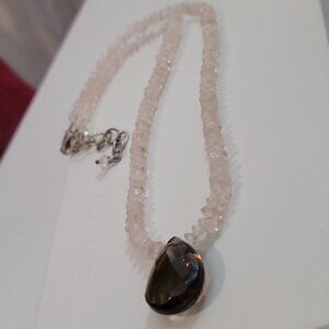 Vintage Necklace Pink Quartz and Smoky Tear Drop Facet Gemstone Center Drop made